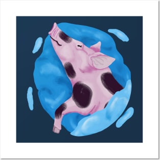 Sleeping pig on a big blue pillow Posters and Art